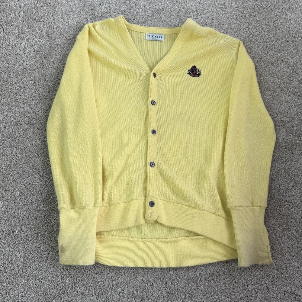 Vintage Izod Sweater Mens XL Yellow Tight Knit Button Cardigan Crest Logo USA